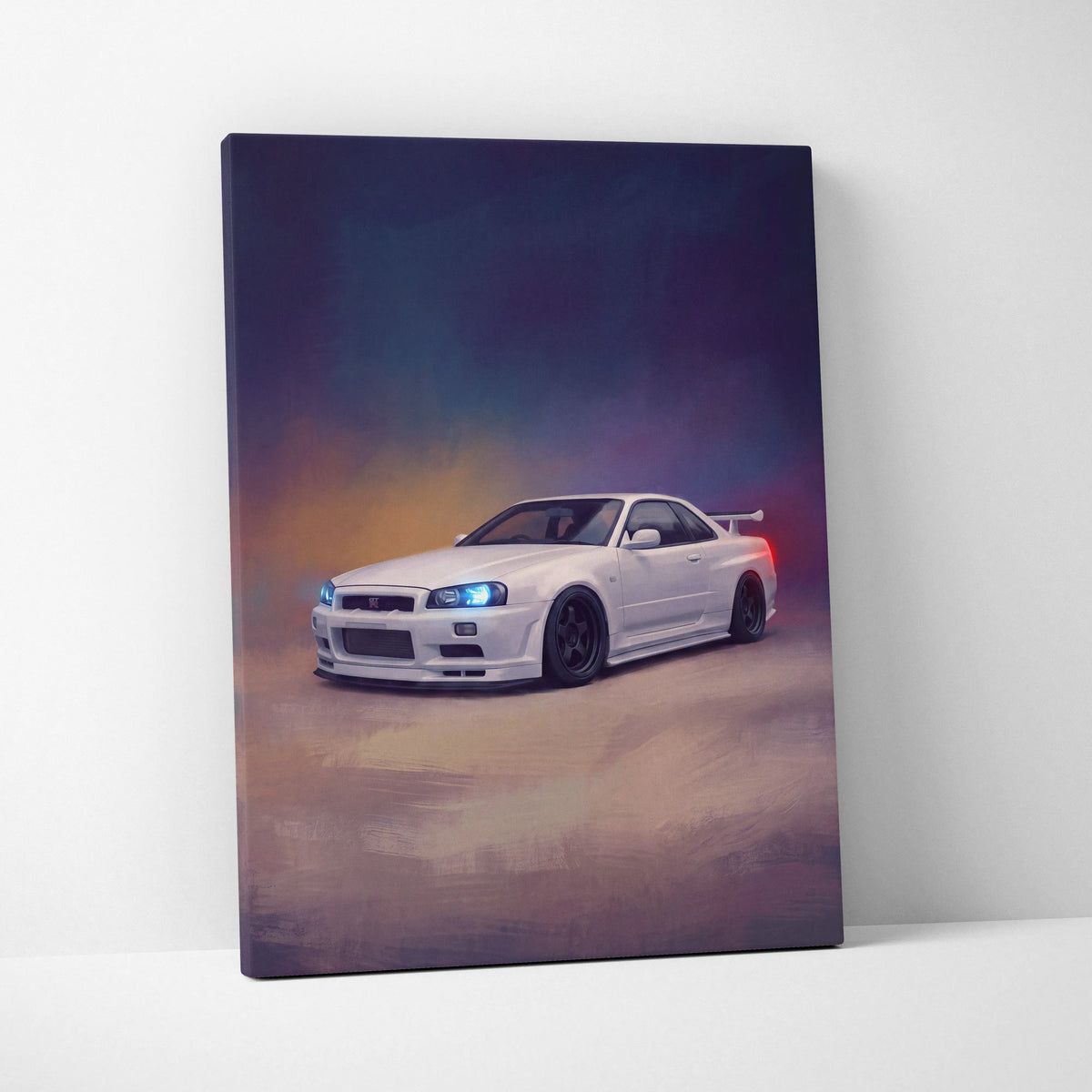 White Nissan Skyline GT-R R34 canvas print with glowing blue headlights and sleek aerodynamic design wall art