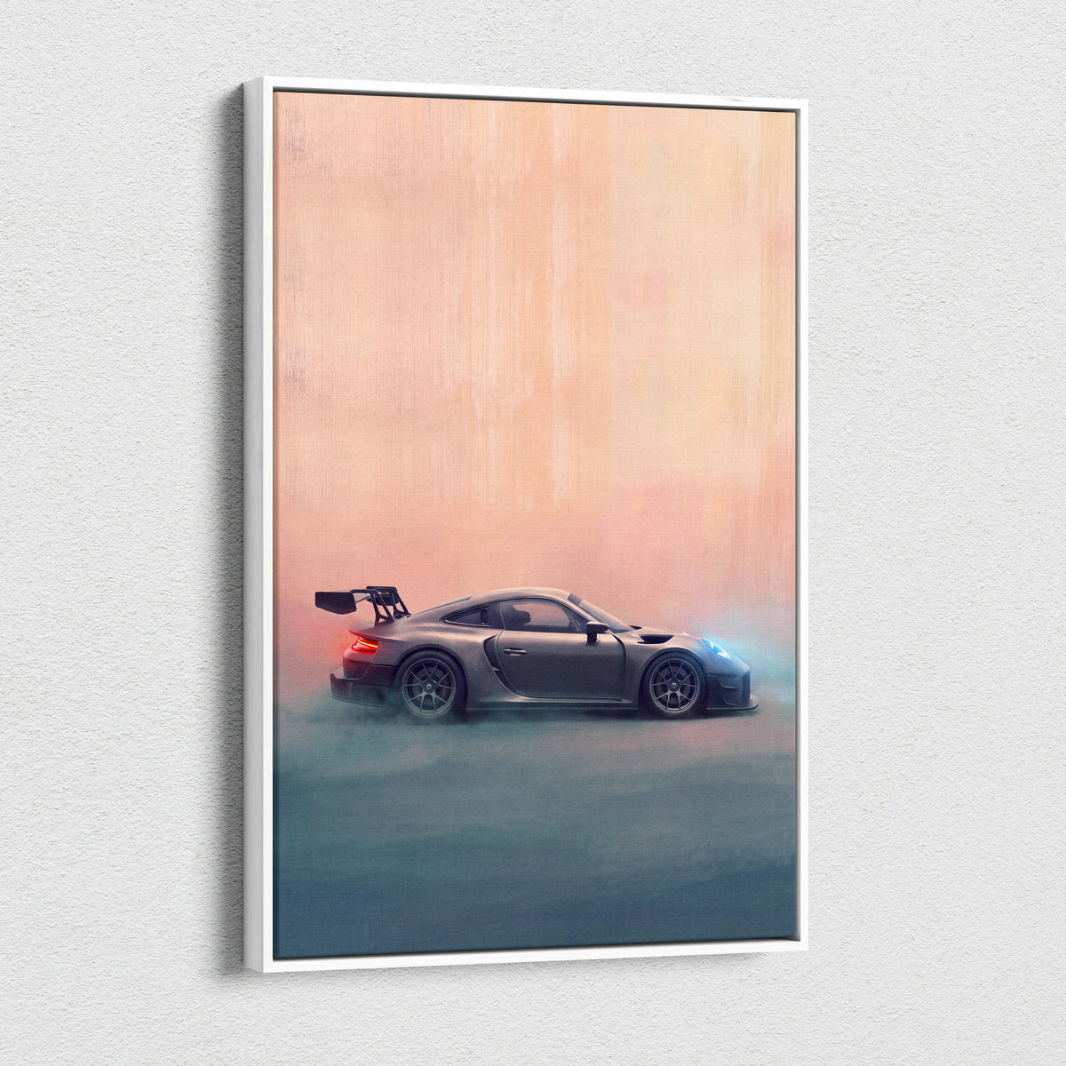 A sleek matte gray Porsche 911 GT3 RS inspired sports car with blue headlights on a minimalist white canvas print