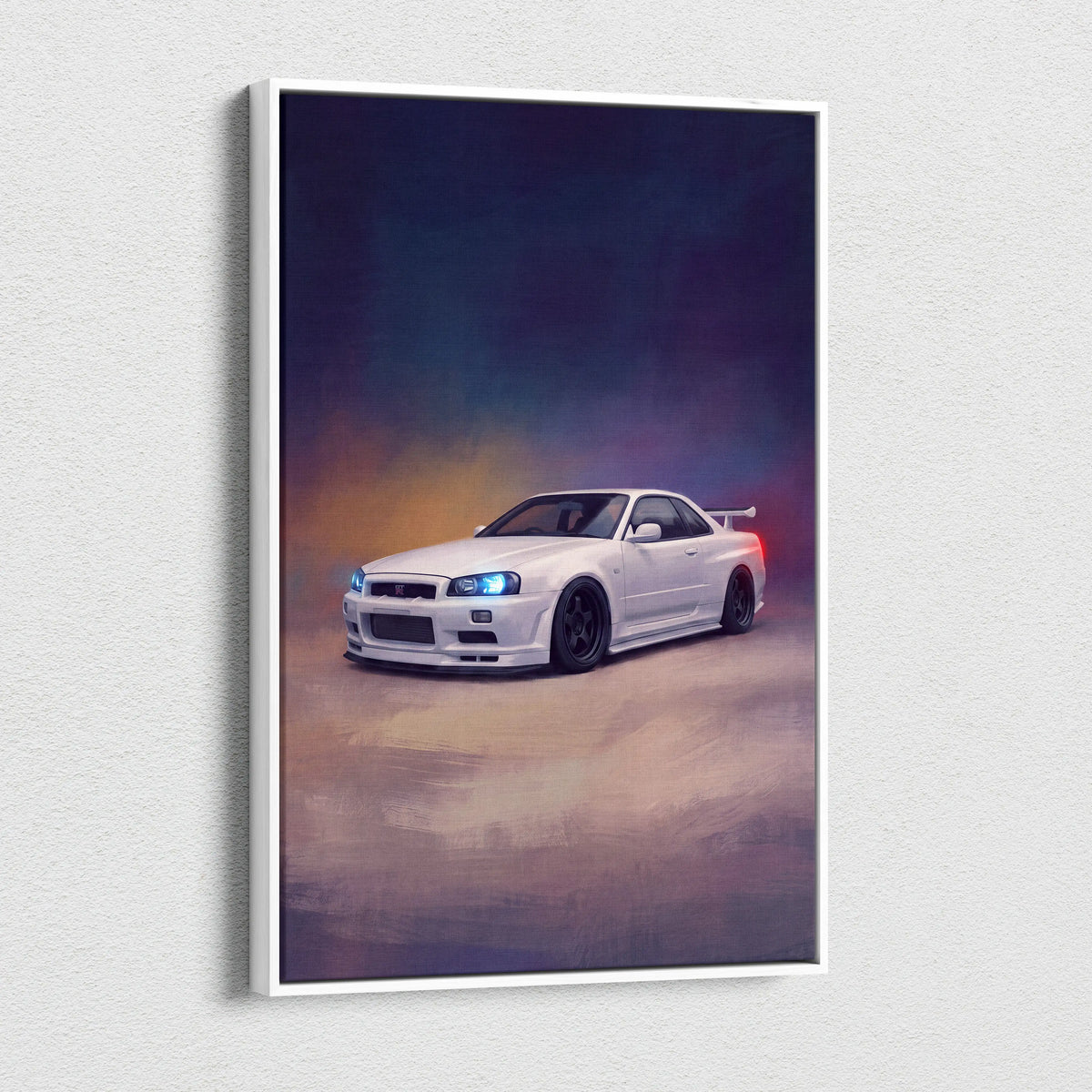 Framed canvas print of white nissan skyline gt-r r34 sports car illustration for automotive wall art decor