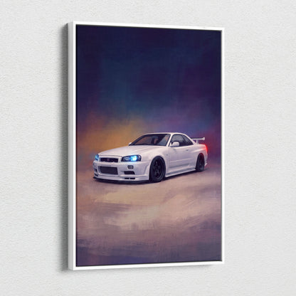 Framed canvas print of white nissan skyline gt-r r34 sports car illustration for automotive wall art decor