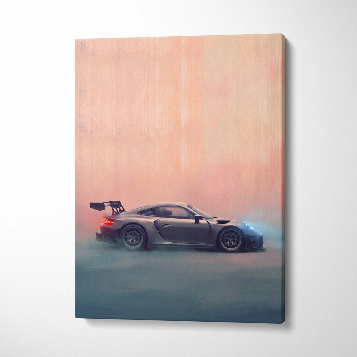 Porsche 911 GT3 RS inspired automotive wall art matte gray canvas print with smoke effect and glowing blue headlights