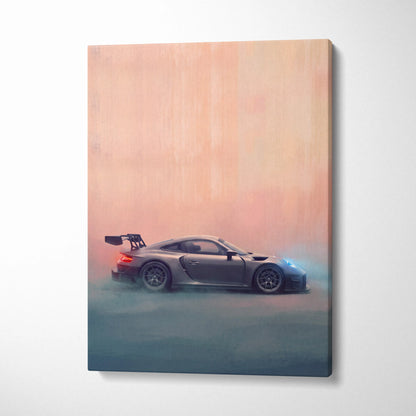 Porsche 911 GT3 RS inspired automotive wall art matte gray canvas print with smoke effect and glowing blue headlights
