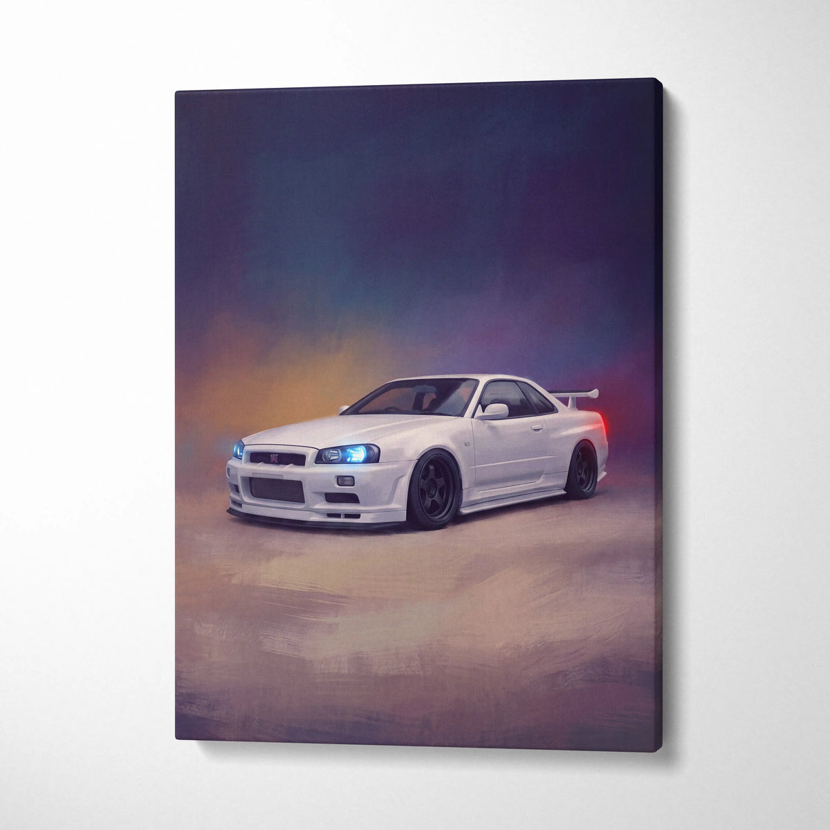White nissan skyline gt-r r34 inspired automotive wall art canvas print with glowing blue headlights and sleek design
