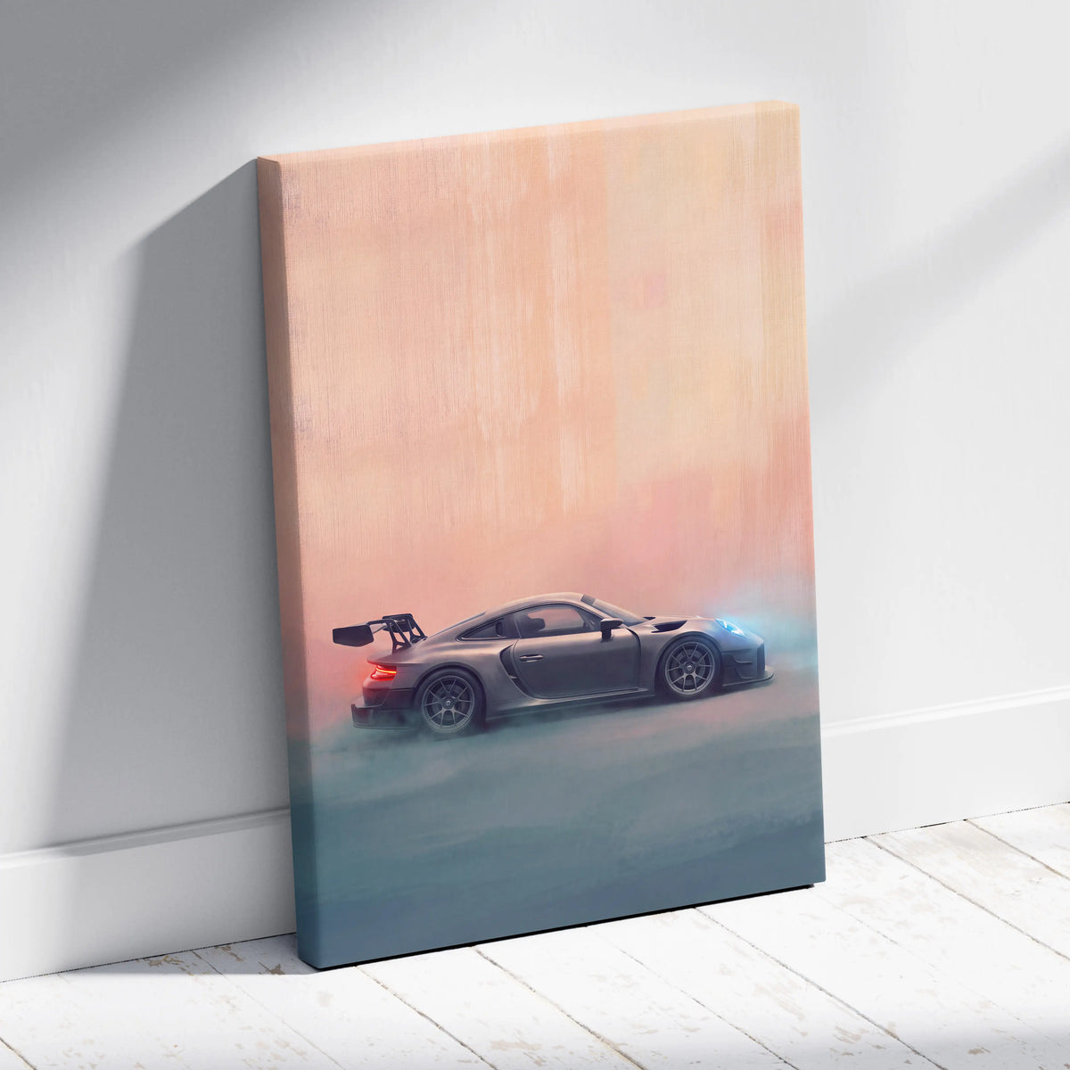 Porsche 911 gt3 rs inspired matte gray automotive canvas print with glowing blue and red accents against a gradient sky