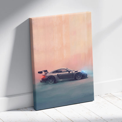 Porsche 911 gt3 rs inspired matte gray automotive canvas print with glowing blue and red accents against a gradient sky