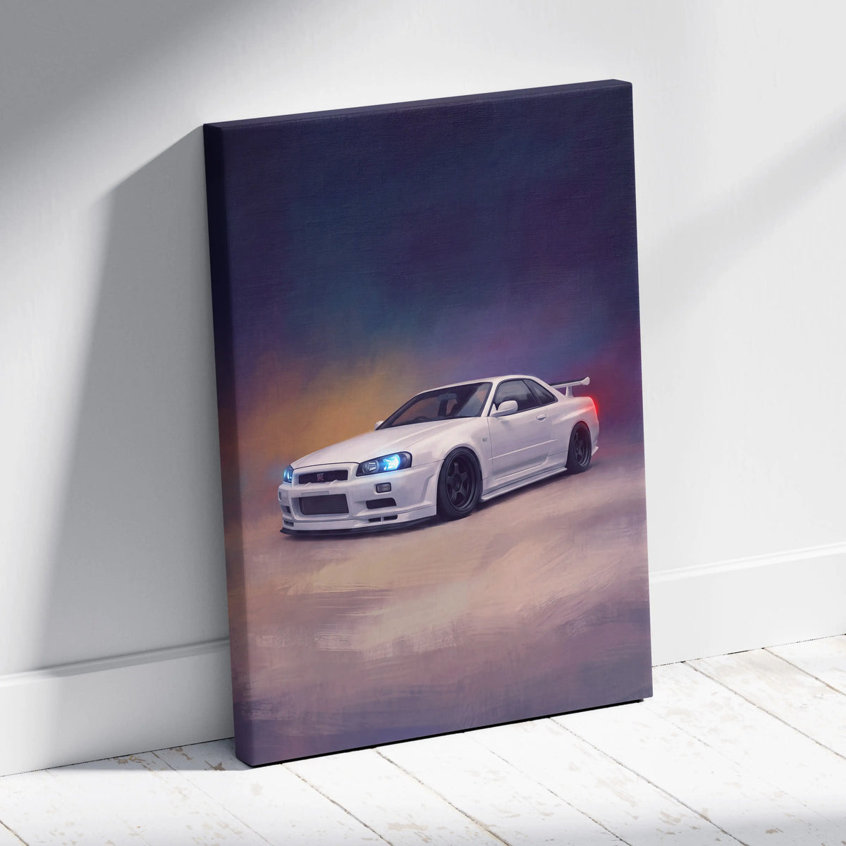 White nissan skyline gt-r r34 inspired automotive canvas print with glowing blue headlights and sleek design