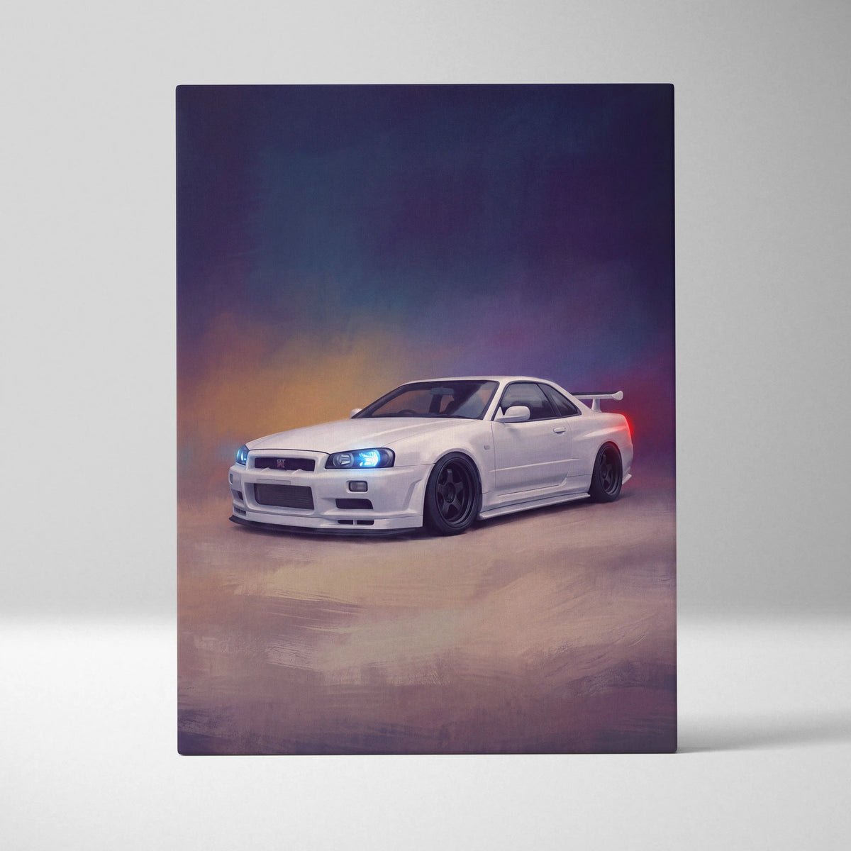 White nissan skyline gt-r r34 canvas print with glowing blue headlights and sleek aerodynamic jdm sports car design