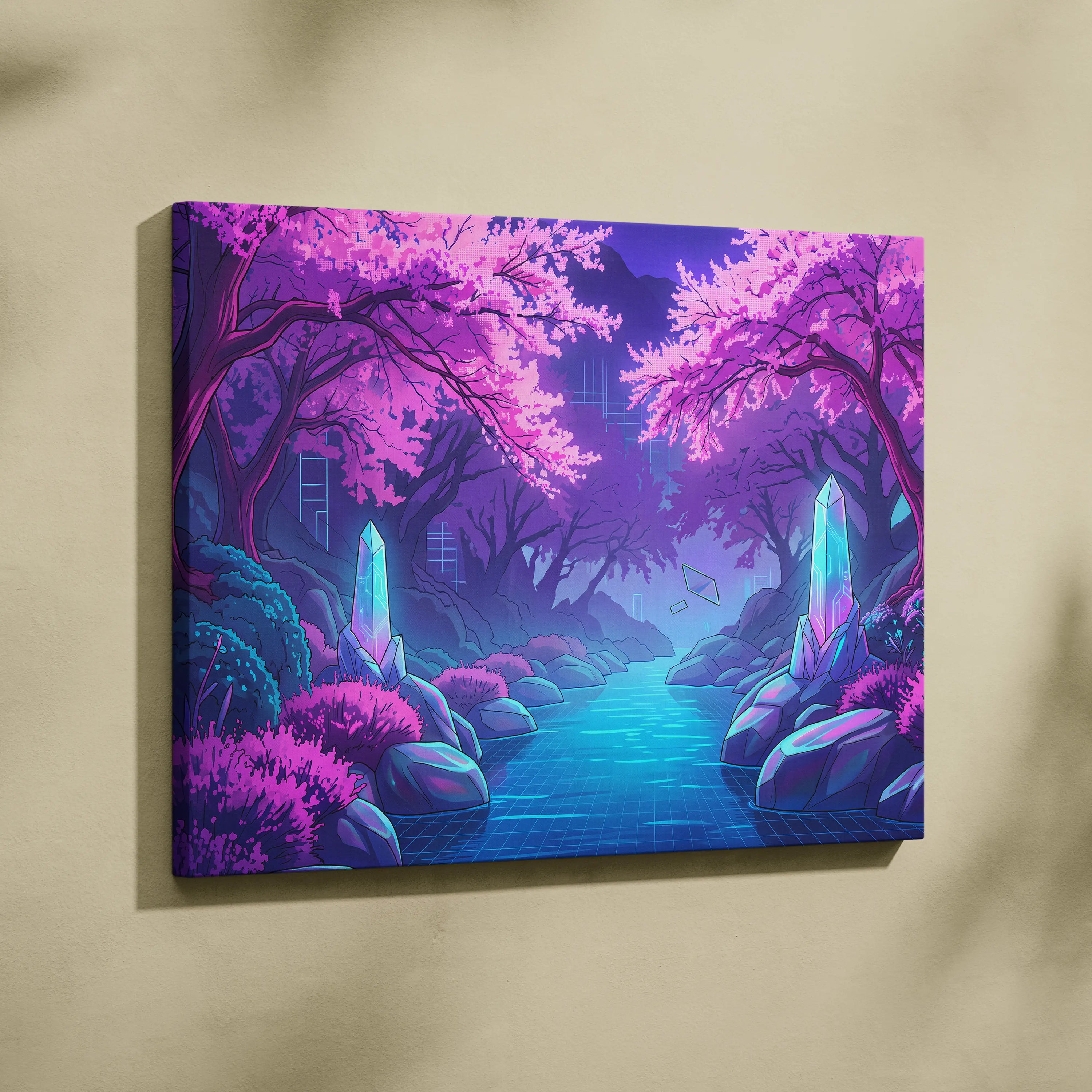 Neon Vaporwave Dreamscape Canvas - Vaporwave Cityscape Neon Pink Purple Blue Living Room Retro Futurism Dreamy Canvas