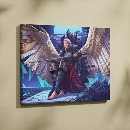 Vaporwave Wings Neon Canvas - Winged Warrior Neon Blues Purples Living Room Mystical Mood Vaporwave Neon Wall Canvas