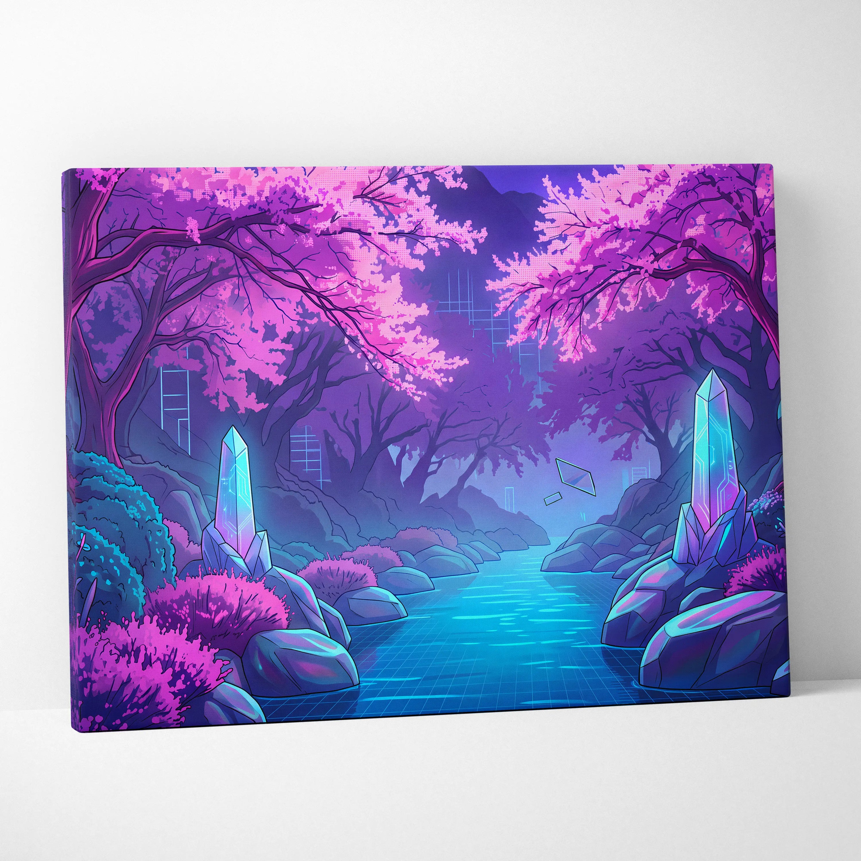 Neon Vaporwave Dreamscape Canvas - Vaporwave Cityscape Neon Pink Purple Blue Living Room Retro Futurism Dreamy Canvas