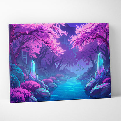 Neon Vaporwave Dreamscape Canvas - Vaporwave Cityscape Neon Pink Purple Blue Living Room Retro Futurism Dreamy Canvas
