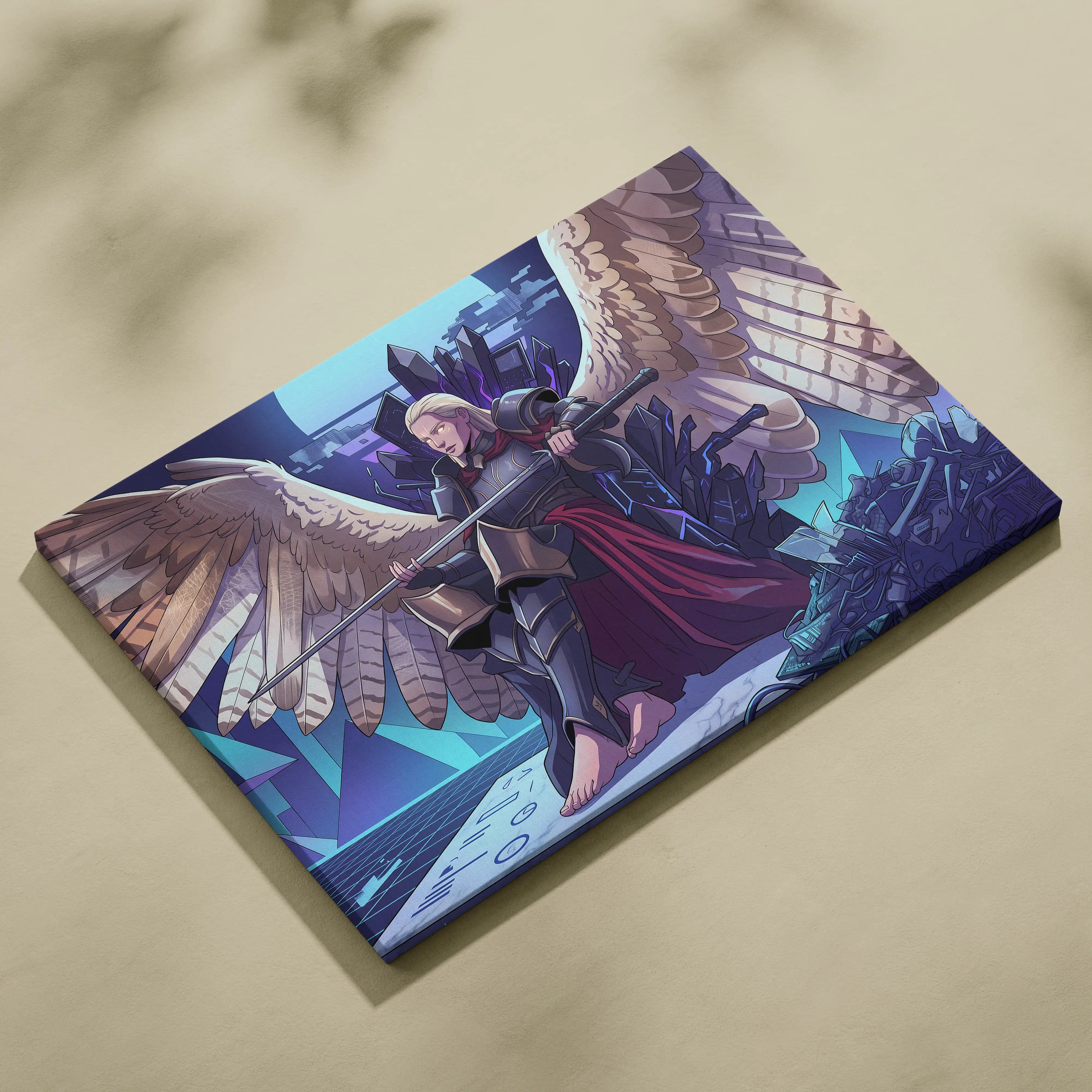 Vaporwave Wings Neon Canvas - Winged Warrior Neon Blues Purples Living Room Mystical Mood Vaporwave Neon Wall Canvas
