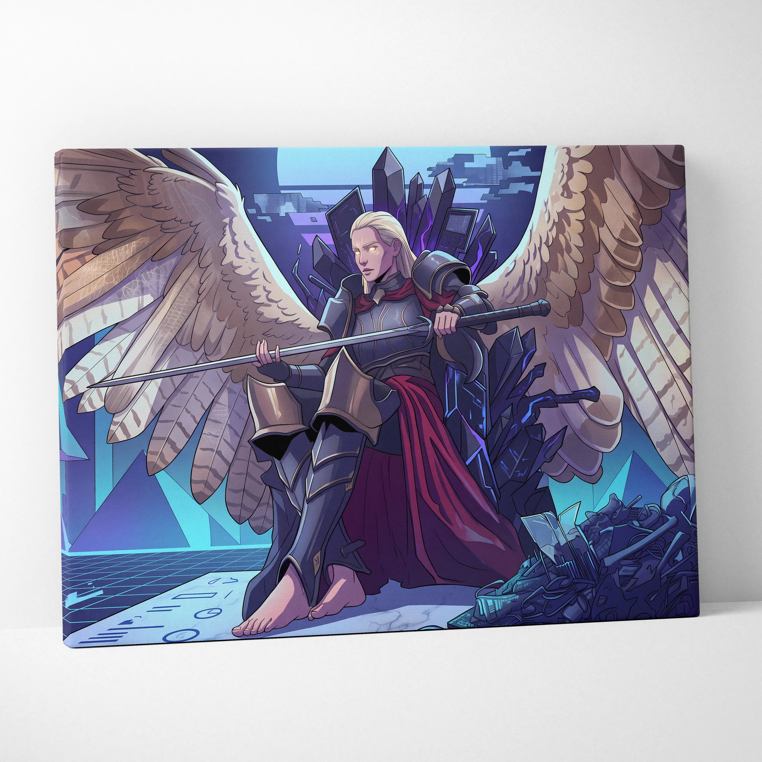 Vaporwave Wings Neon Canvas - Winged Warrior Neon Blues Purples Living Room Mystical Mood Vaporwave Neon Wall Canvas
