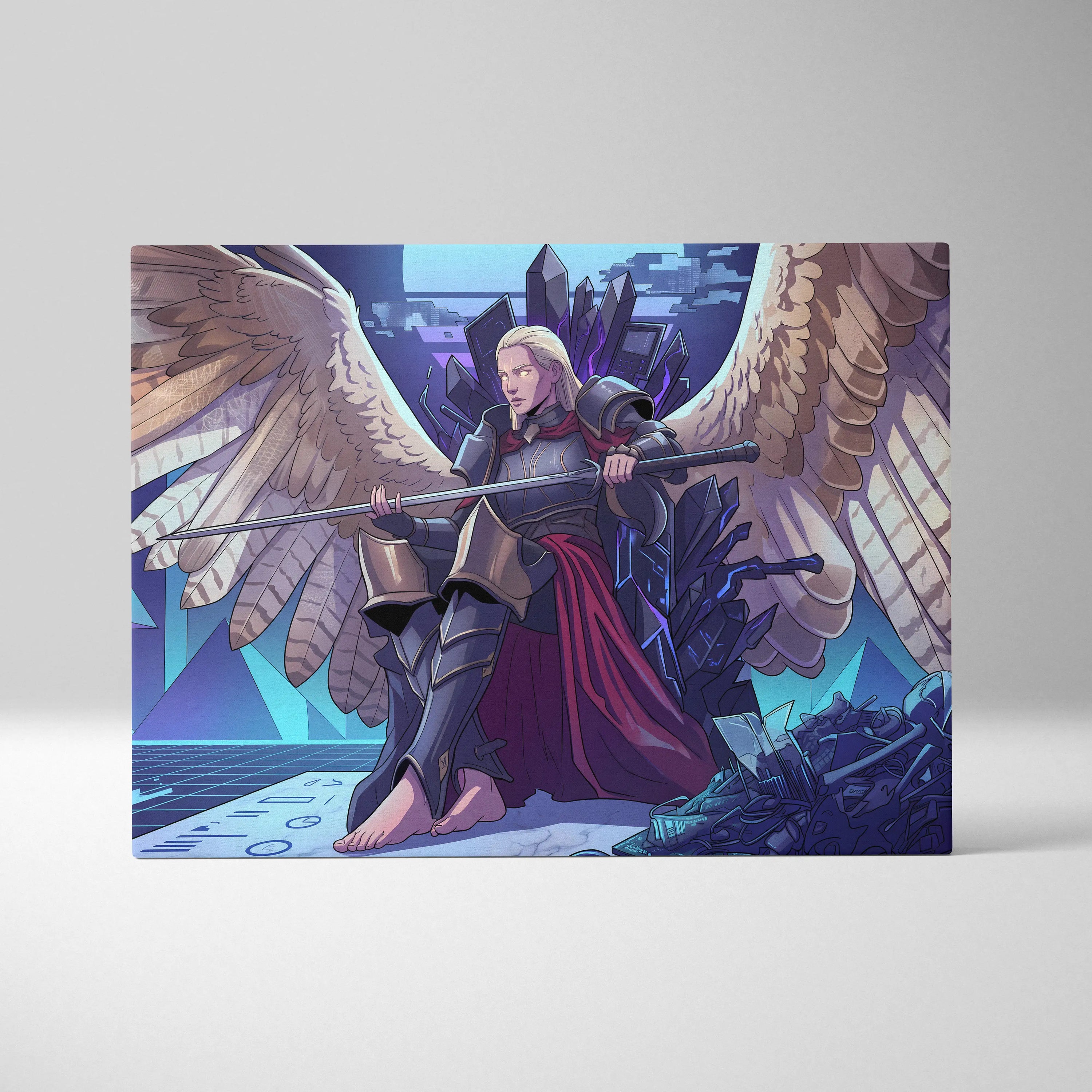 Vaporwave Wings Neon Canvas - Winged Warrior Neon Blues Purples Living Room Mystical Mood Vaporwave Neon Wall Canvas