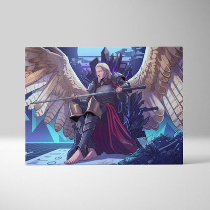 Vaporwave Wings Neon Canvas - Winged Warrior Neon Blues Purples Living Room Mystical Mood Vaporwave Neon Wall Canvas
