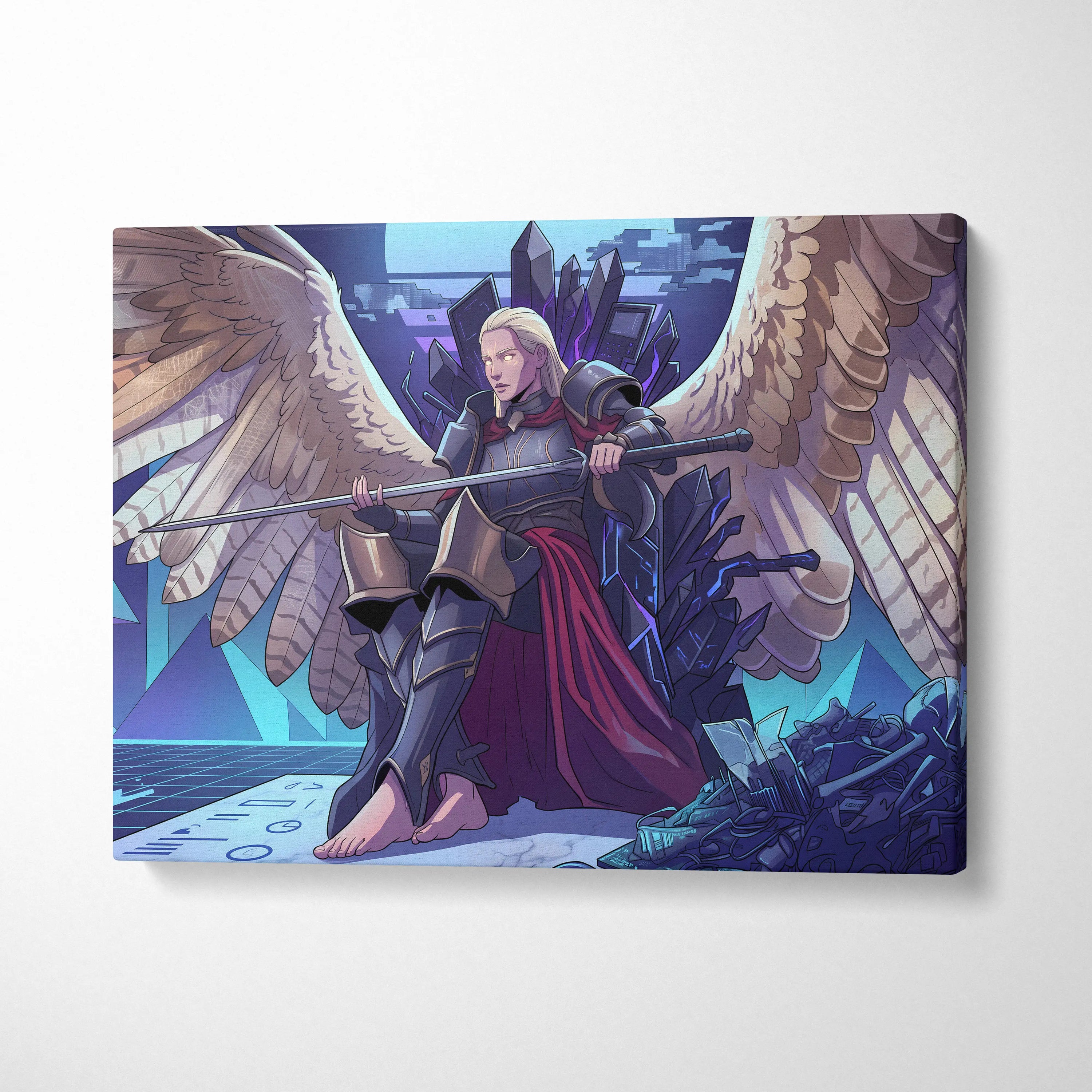 Vaporwave Wings Neon Canvas - Winged Warrior Neon Blues Purples Living Room Mystical Mood Vaporwave Neon Wall Canvas