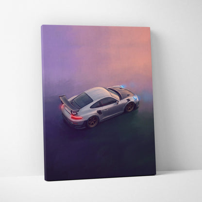 Silver Porsche 911 GT2 RS inspired supercar canvas print with glowing red and blue lights against a purple orange sky