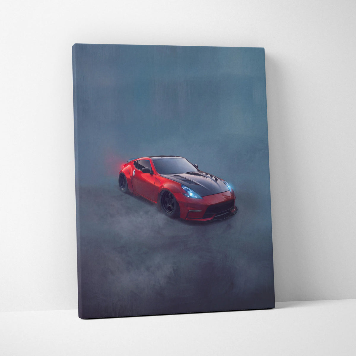 Nissan 370Z inspired canvas art featuring red and black widebody sports car with glowing blue headlights wall decor
