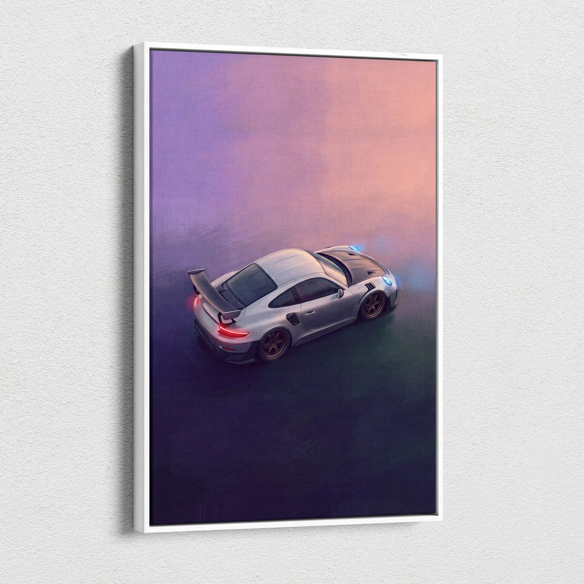 Silver porsche 911 gt2 rs inspired supercar canvas art with glowing lights against a purple and pink sky background