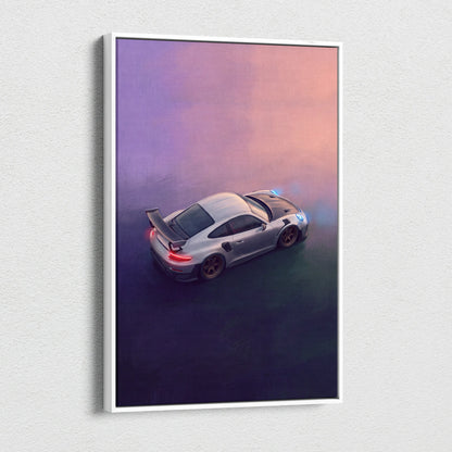 Silver porsche 911 gt2 rs inspired supercar canvas art with glowing lights against a purple and pink sky background
