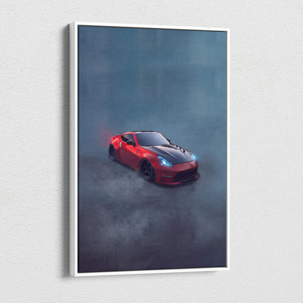 Red and black Nissan 370Z sports car illustration on canvas art featuring widebody luxury performance vehicle design
