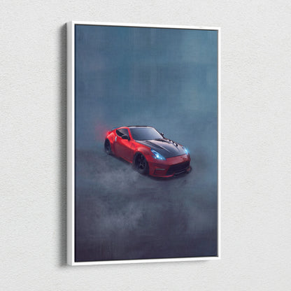 Red and black Nissan 370Z sports car illustration on canvas art featuring widebody luxury performance vehicle design
