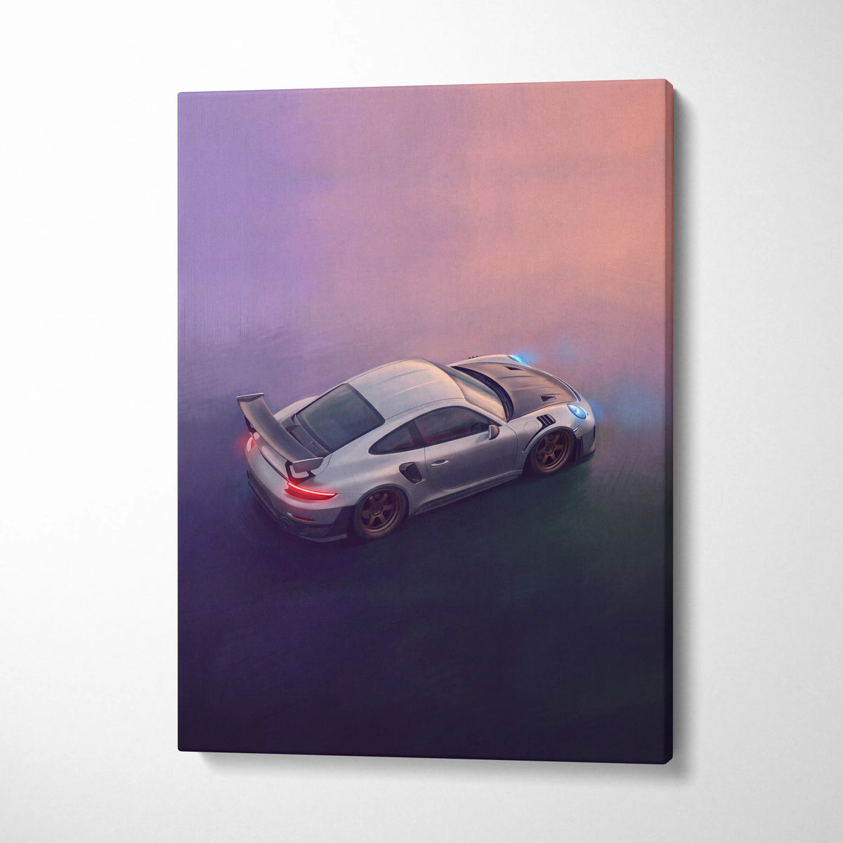 Silver porsche 911 gt2 rs inspired supercar canvas art with glowing blue and red accents for custom wall decor