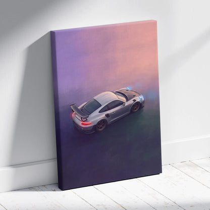 Silver Porsche 911 GT2 RS inspired sports car canvas print with glowing blue and red accents against purple pink sky