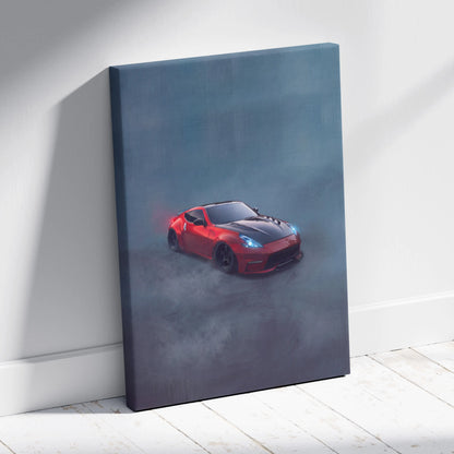 Red and black Nissan 370Z sports car canvas art with glowing blue headlights for luxury performance wall decor