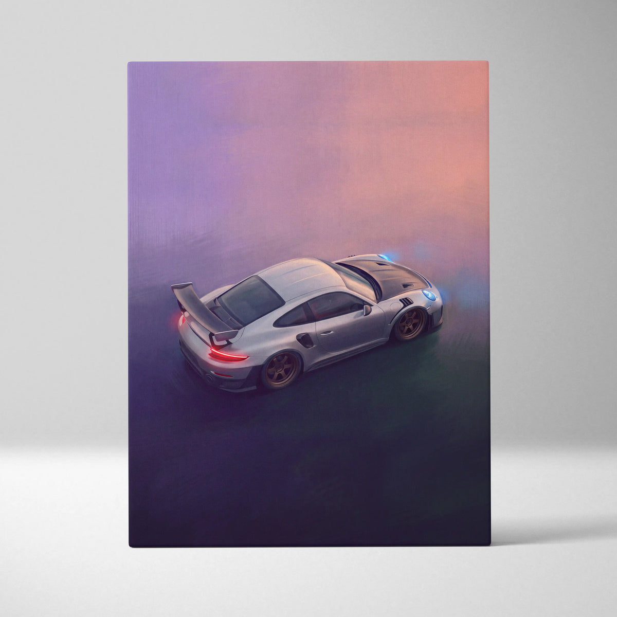 Silver porsche 911 gt2 rs inspired supercar canvas art with black accents and rear spoiler wall print