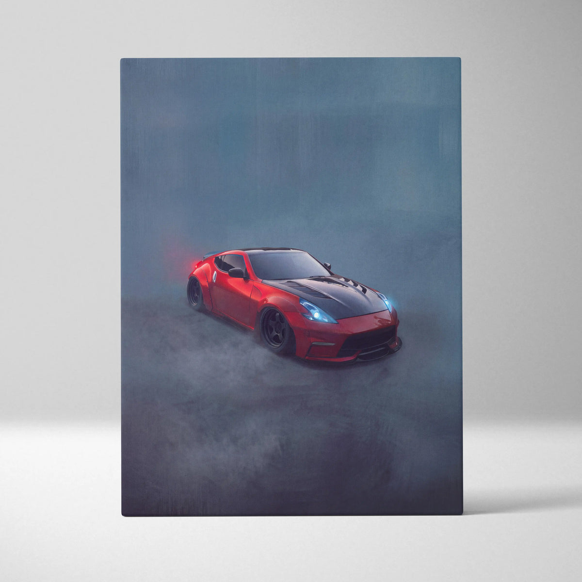 Red and black Nissan 370Z sports car illustration on canvas featuring widebody luxury performance vehicle wall decor