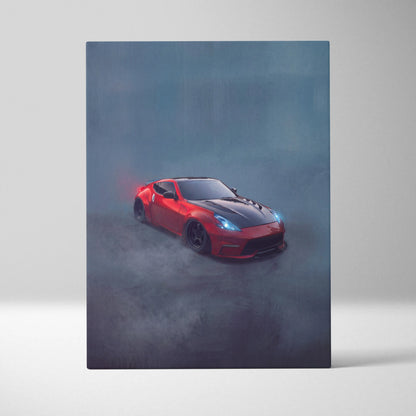 Red and black Nissan 370Z sports car illustration on canvas featuring widebody luxury performance vehicle wall decor