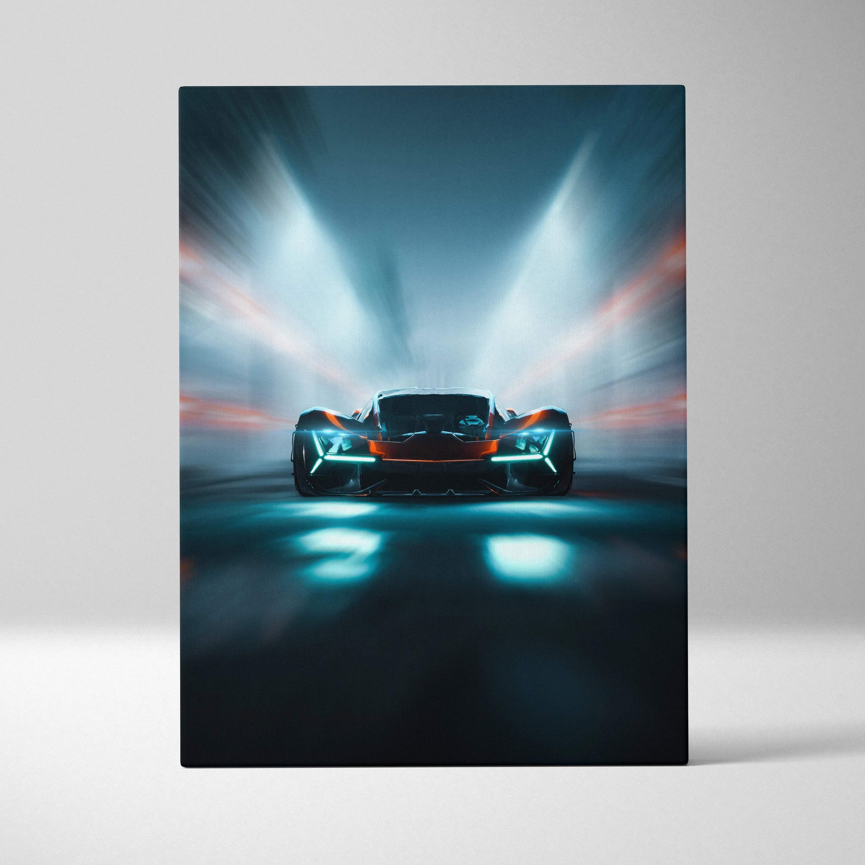 Visionary Hypercar Neon Tunnel canvas art with cyan headlights