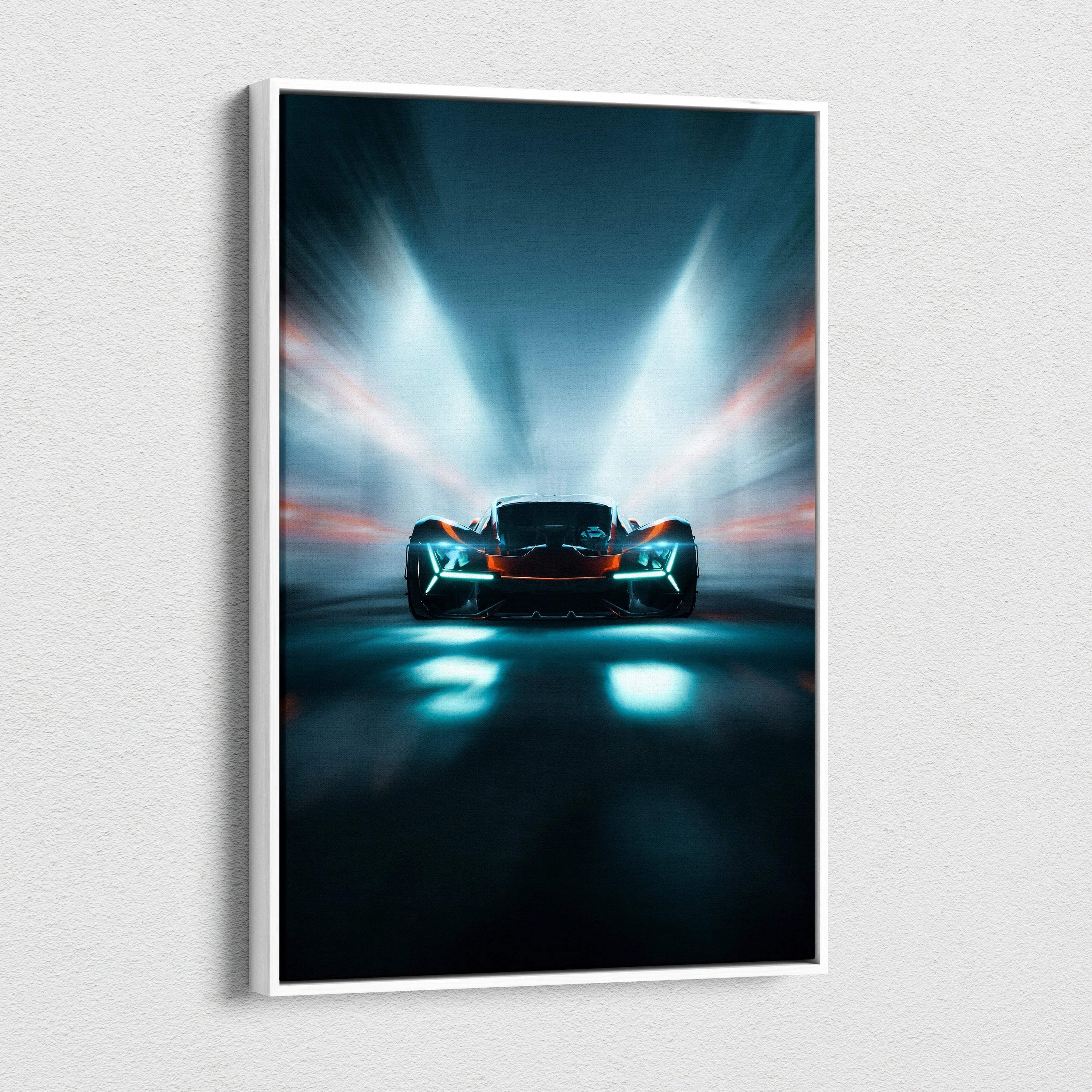 Sleek black Visionary Hypercar in neon tunnel race with cyan headlights, teal orange accents