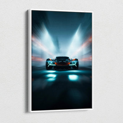 Sleek black Visionary Hypercar in neon tunnel race with cyan headlights, teal orange accents