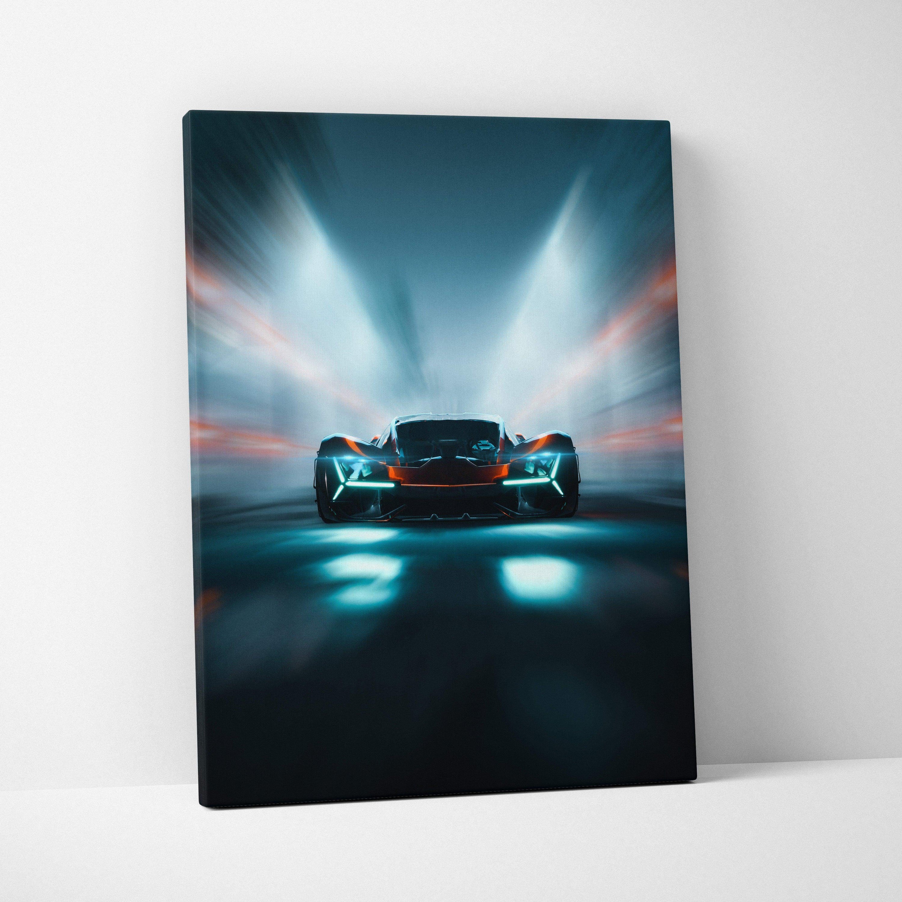 Visionary Hypercar Neon Tunnel canvas with cyan headlights, teal orange accents