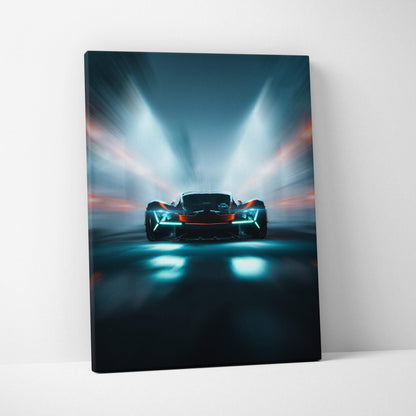 Visionary Hypercar Neon Tunnel canvas with cyan headlights, teal orange accents