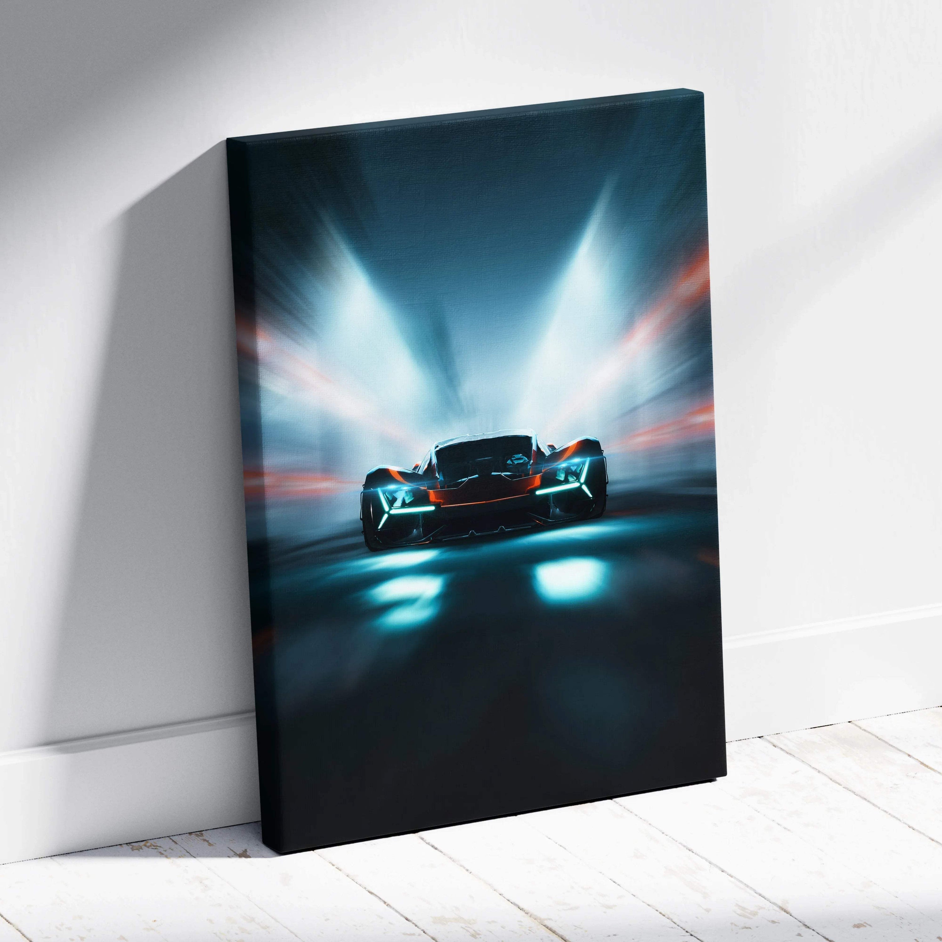Visionary Hypercar Neon Tunnel canvas art with cyan headlights and teal orange accents