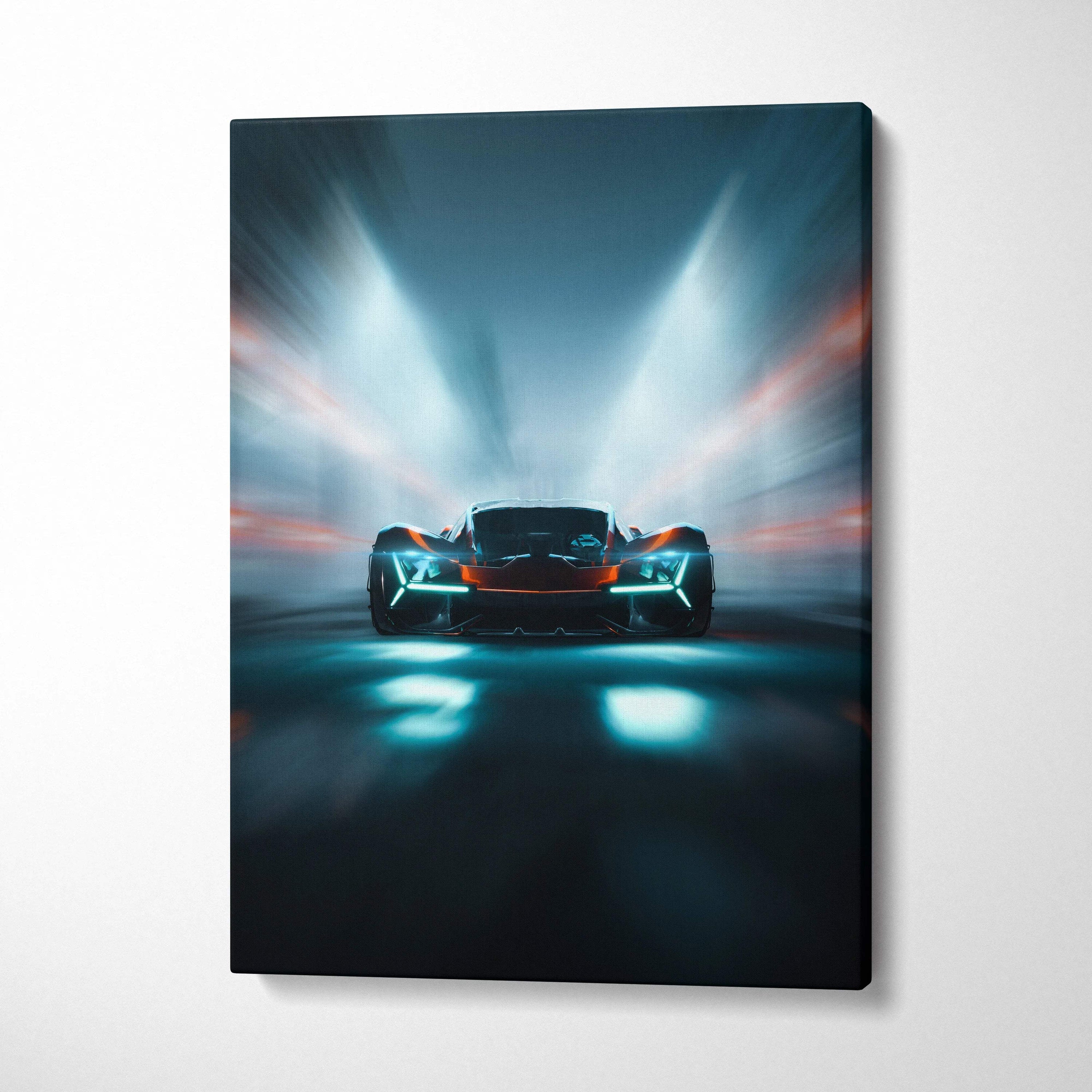 Sleek black orange futuristic hypercar neon tunnel canvas with cyan headlights
