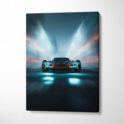 Sleek black orange futuristic hypercar neon tunnel canvas with cyan headlights