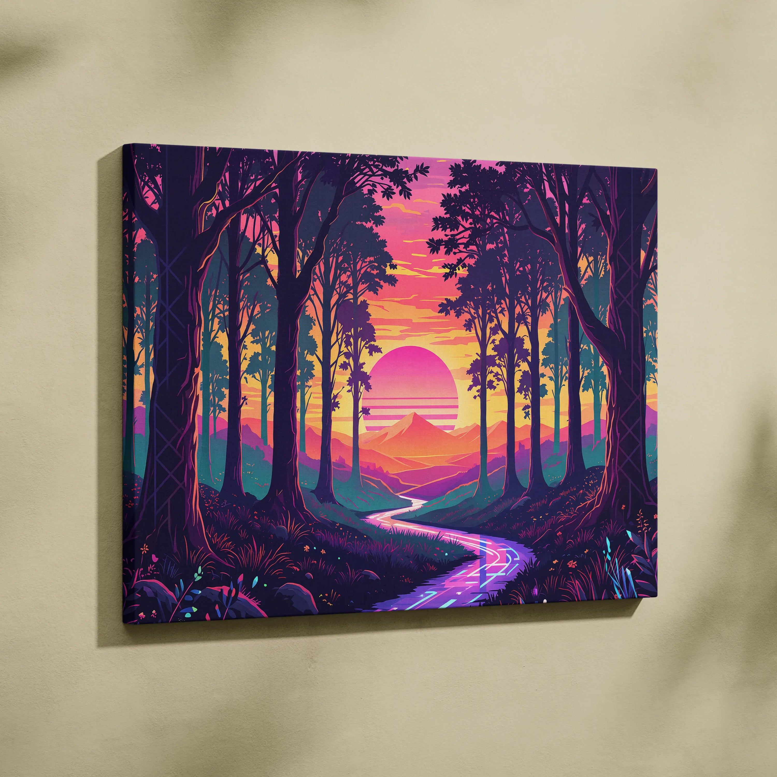 Vaporwave Neon Forest Sunset Canvas - Vaporwave Forest Sunset Purple Pink Neon Living Retro Dreamy Neon Vaporwave Canvas