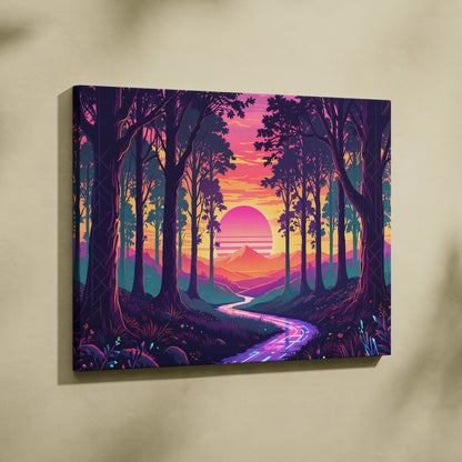 Vaporwave Neon Forest Sunset Canvas - Vaporwave Forest Sunset Purple Pink Neon Living Retro Dreamy Neon Vaporwave Canvas