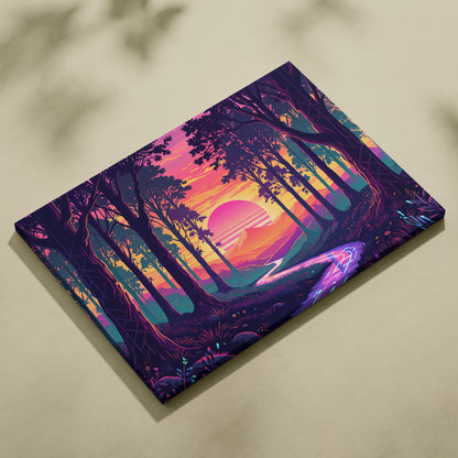 Vaporwave Neon Forest Sunset Canvas - Vaporwave Forest Sunset Purple Pink Neon Living Retro Dreamy Neon Vaporwave Canvas