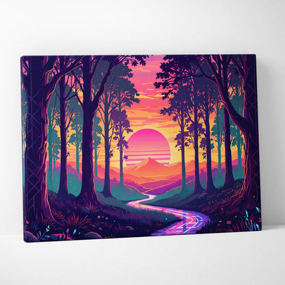 Vaporwave Neon Forest Sunset Canvas - Vaporwave Forest Sunset Purple Pink Neon Living Retro Dreamy Neon Vaporwave Canvas