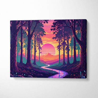 Vaporwave Neon Forest Sunset Canvas - Vaporwave Forest Sunset Purple Pink Neon Living Retro Dreamy Neon Vaporwave Canvas