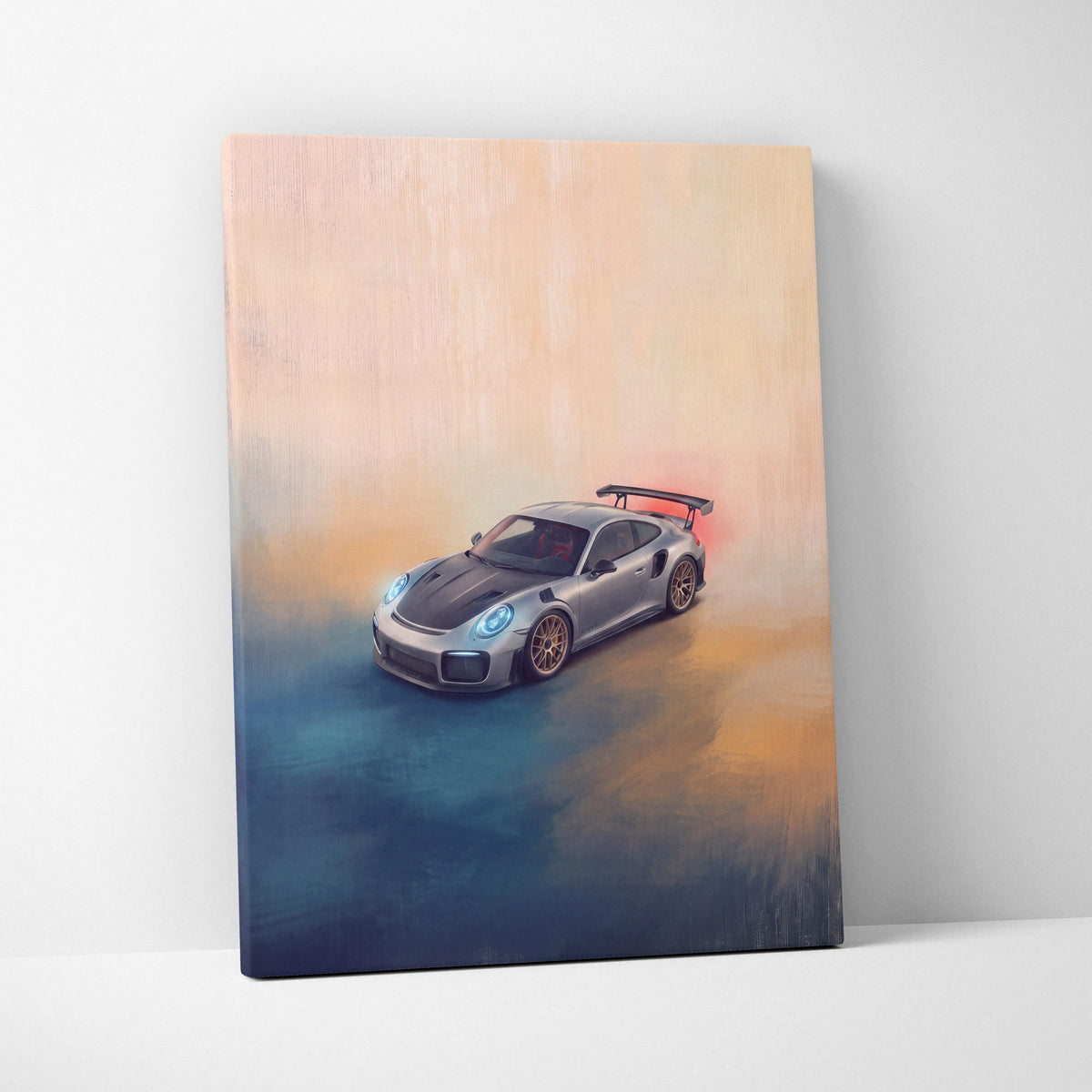 Silver and black Porsche 911 GT2 RS inspired canvas art with glowing blue headlights premium automotive wall decor