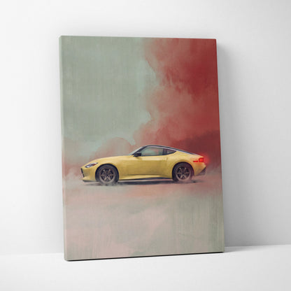 Nissan Z Inspired Automotive Wall Art - Yellow Sports Car Canvas Painting for Garage Decor