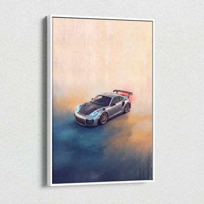 Silver Porsche 911 GT3 RS sports car illustration in white frame premium automotive canvas wall decor