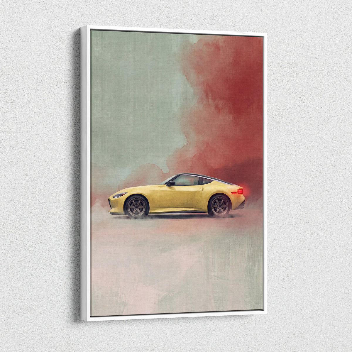Nissan Z Inspired Automotive Wall Art - Yellow Sports Car Canvas Painting for Garage Decor