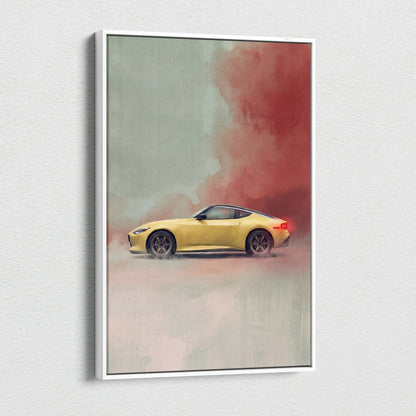 Nissan Z Inspired Automotive Wall Art - Yellow Sports Car Canvas Painting for Garage Decor